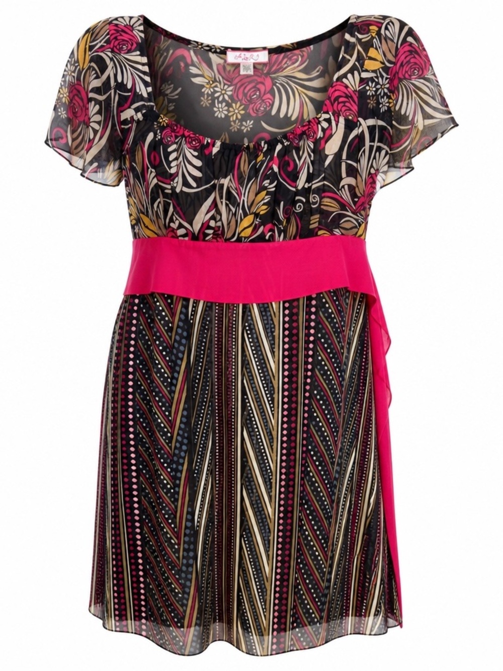 Lux Floral & Stripe Mini Dress with Hot Pink Waist